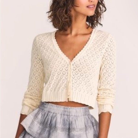 LoveShackFancy Cropped Pointelle Cardigan In Ivory - Picture 3 of 3